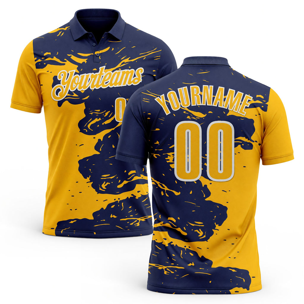 Custom Navy Gold-White Fluid Paint Splash Performance Polo Shirt
