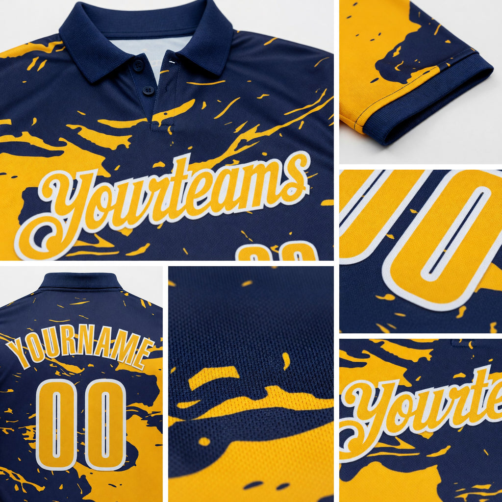 Custom Navy Gold-White Fluid Paint Splash Performance Polo Shirt detail