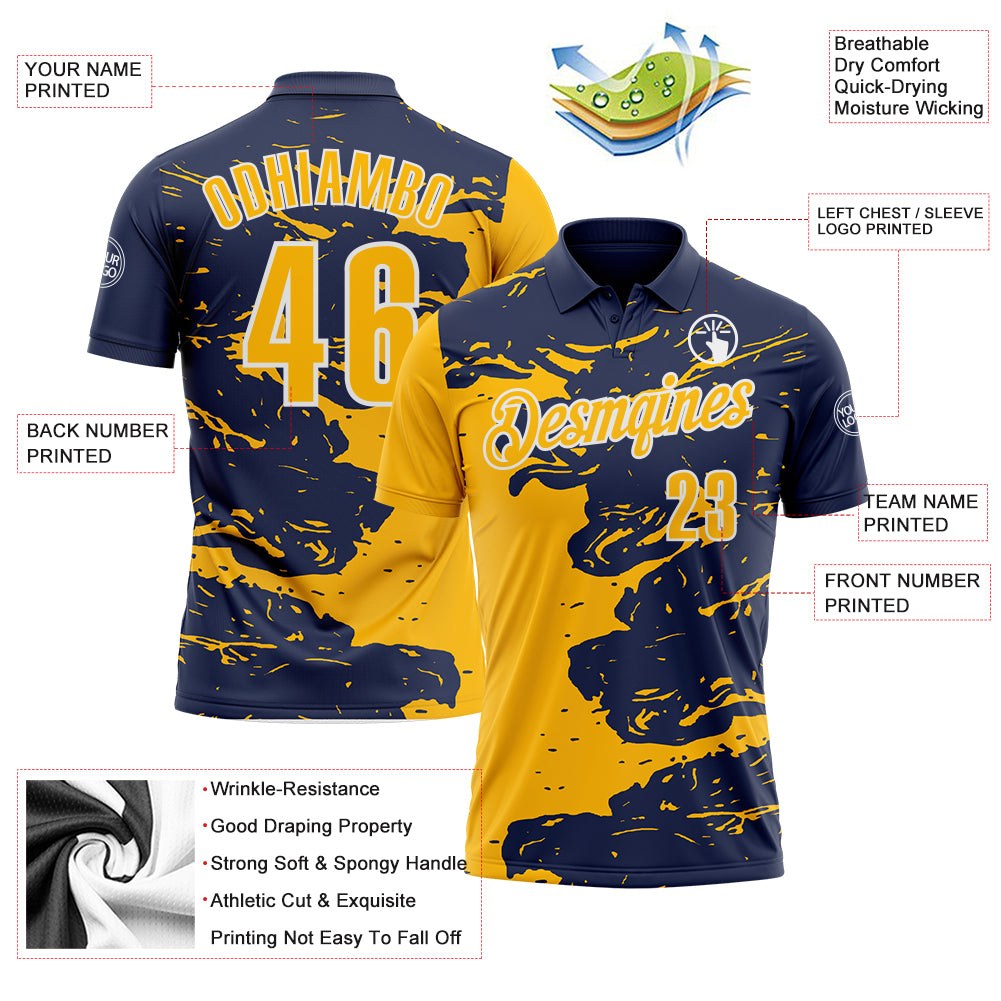 Custom Navy Gold-White Fluid Paint Splash Performance Polo Shirt photo 3