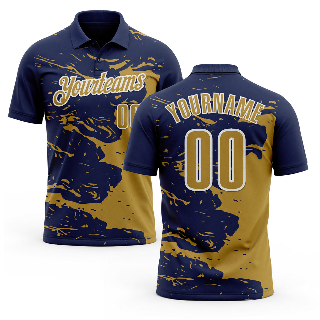 Custom Navy Old Gold-White Fluid Paint Splash Performance Polo Shirt