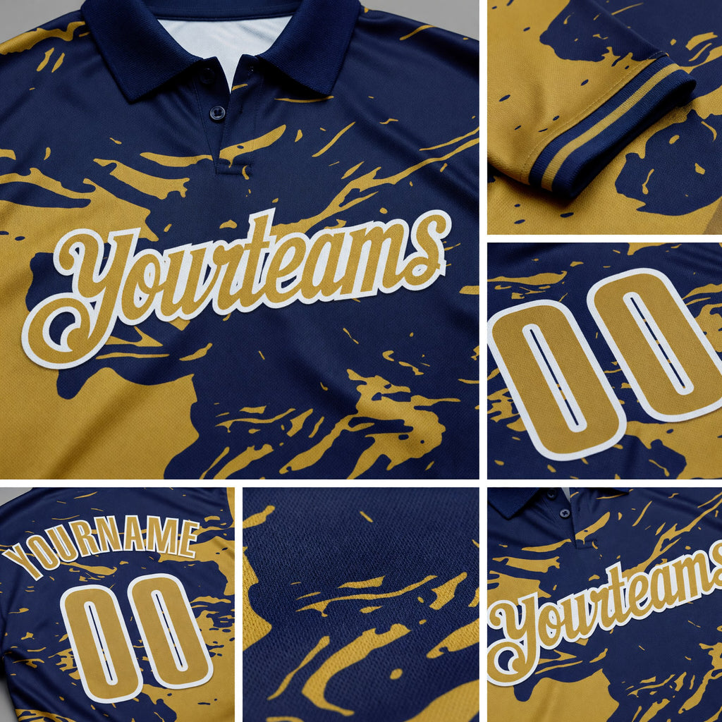 Custom Navy Old Gold-White Fluid Paint Splash Performance Polo Shirt detail