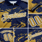 Custom Navy Old Gold-White Fluid Paint Splash Performance Polo Shirt detail