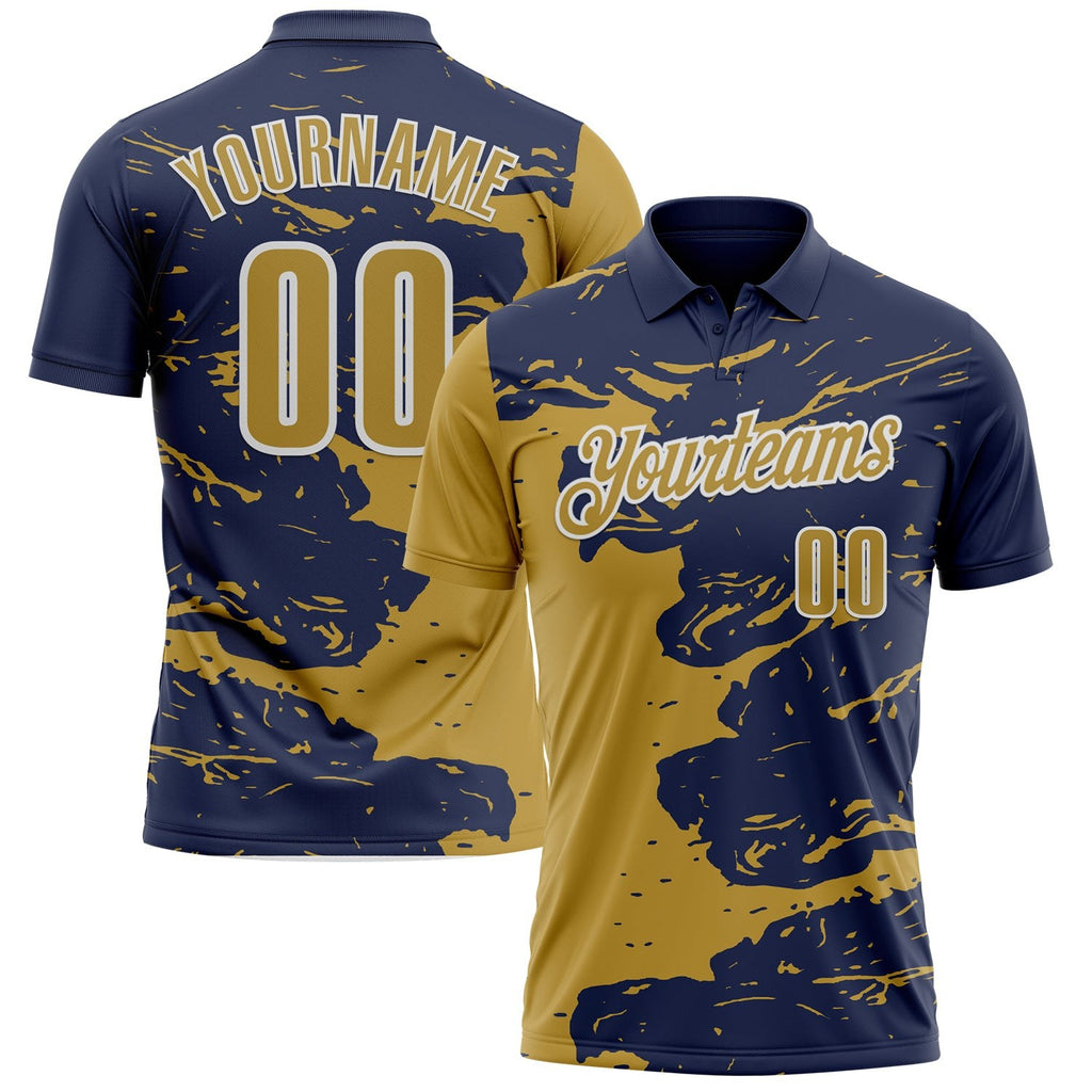 Custom Navy Old Gold-White Fluid Paint Splash Performance Polo Shirt photo 1