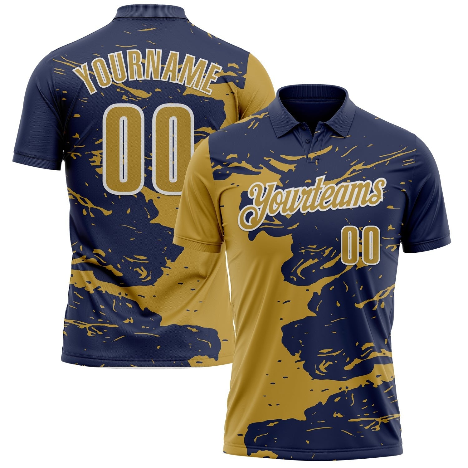 Custom Navy Old Gold-White Fluid Paint Splash Performance Polo Shirt photo 1