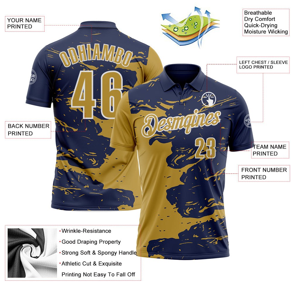 Custom Navy Old Gold-White Fluid Paint Splash Performance Polo Shirt photo 3