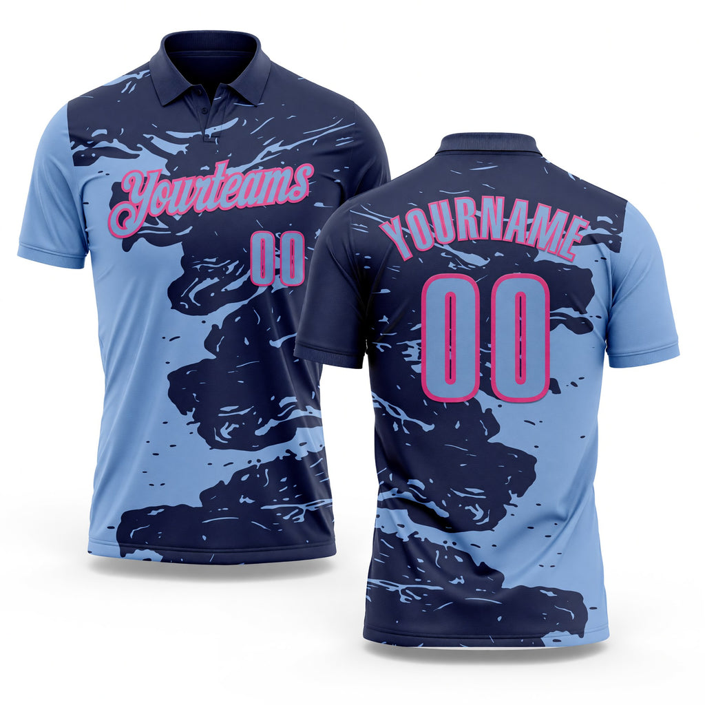 Custom Navy Light Blue-Pink Fluid Paint Splash Performance Polo Shirt