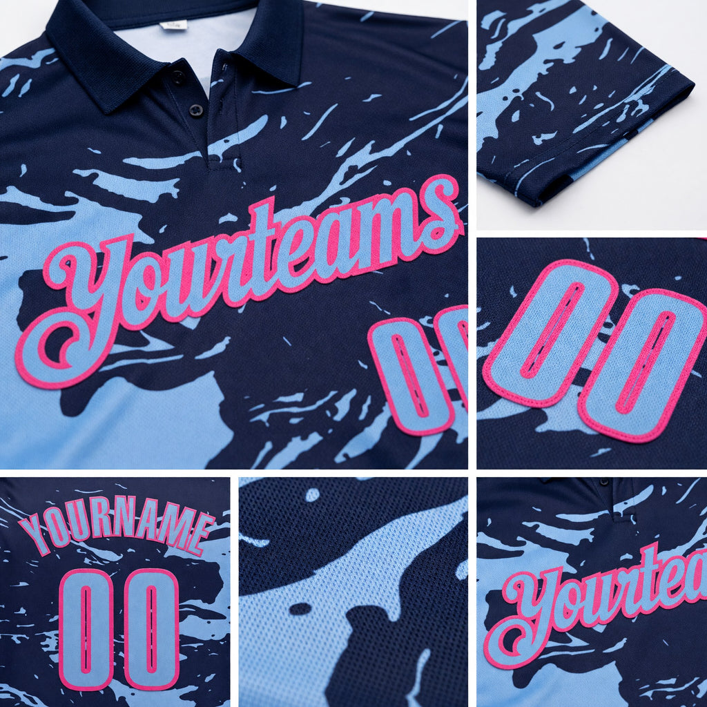 Custom Navy Light Blue-Pink Fluid Paint Splash Performance Polo Shirt detail