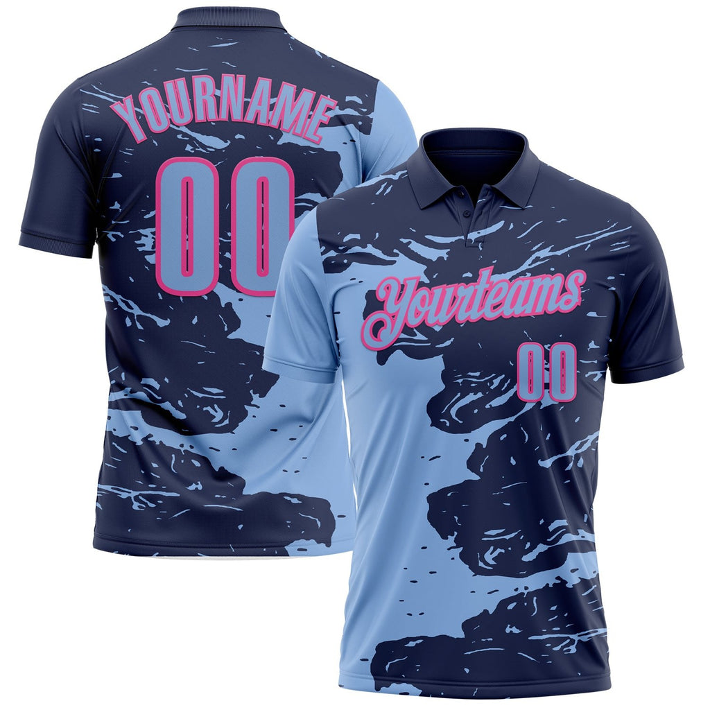 Custom Navy Light Blue-Pink Fluid Paint Splash Performance Polo Shirt photo 1