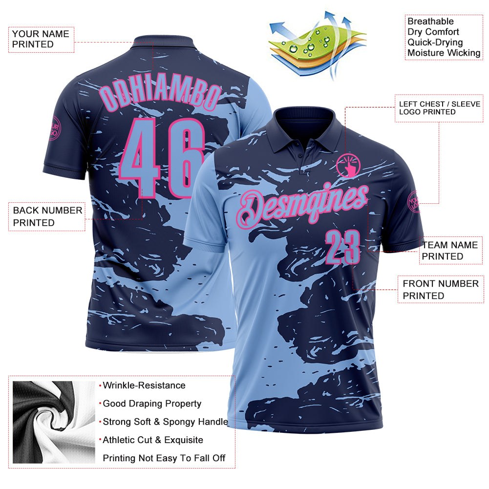 Custom Navy Light Blue-Pink Fluid Paint Splash Performance Polo Shirt photo 3
