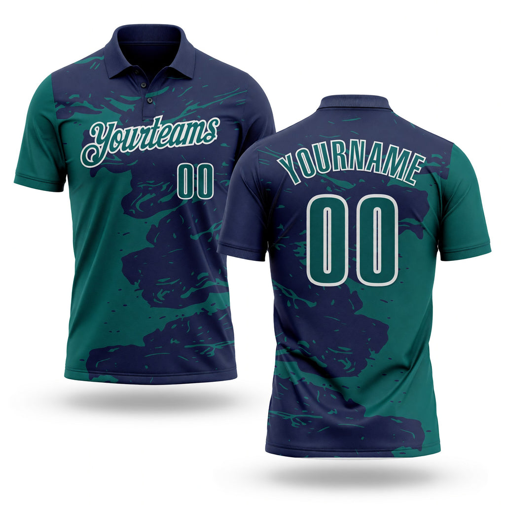 Custom Navy Teal-White Fluid Paint Splash Performance Polo Shirt