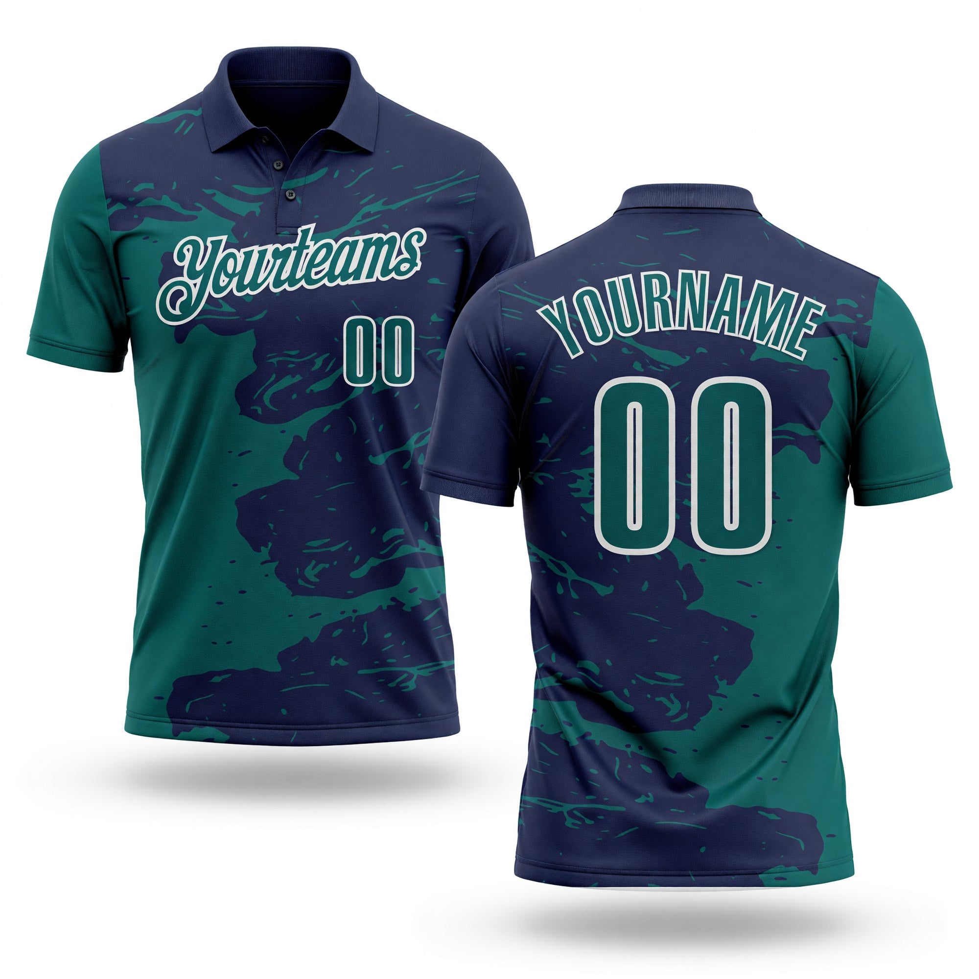 Custom Navy Teal-White Fluid Paint Splash Performance Polo Shirt