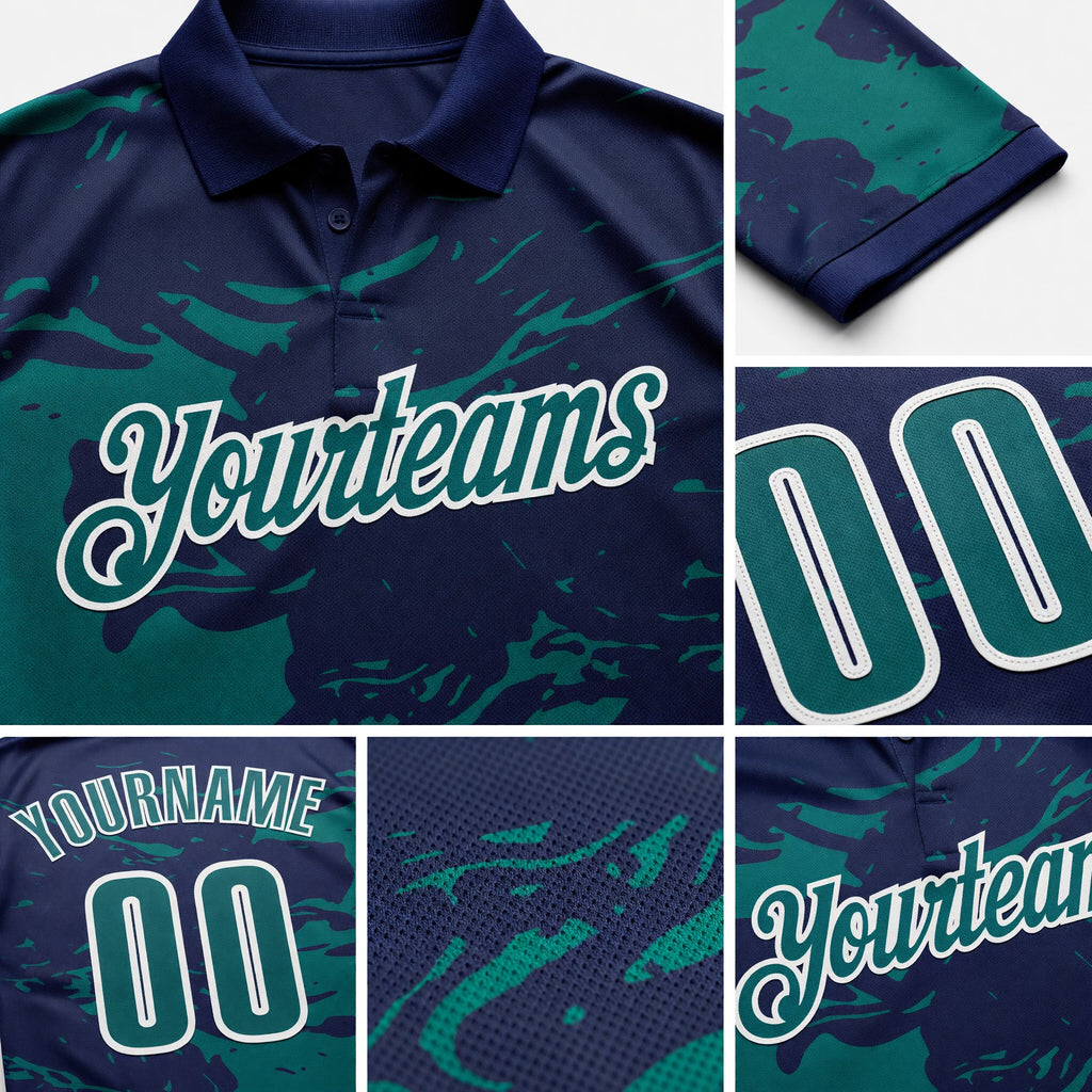 Custom Navy Teal-White Fluid Paint Splash Performance Polo Shirt detail