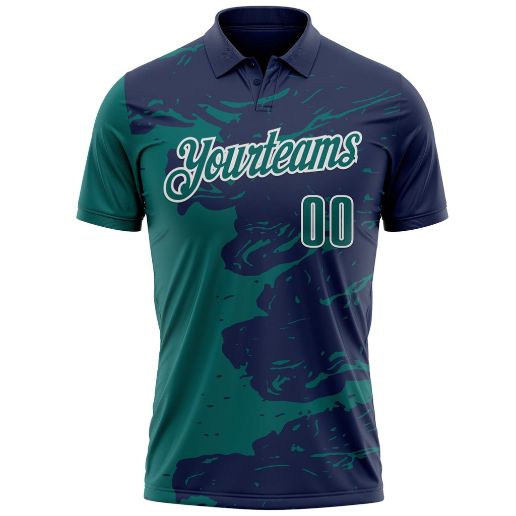 Custom Navy Teal-White Fluid Paint Splash Performance Polo Shirt photo 2