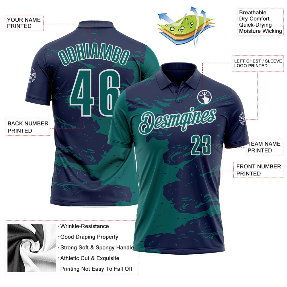 Custom Navy Teal-White Fluid Paint Splash Performance Polo Shirt photo 3