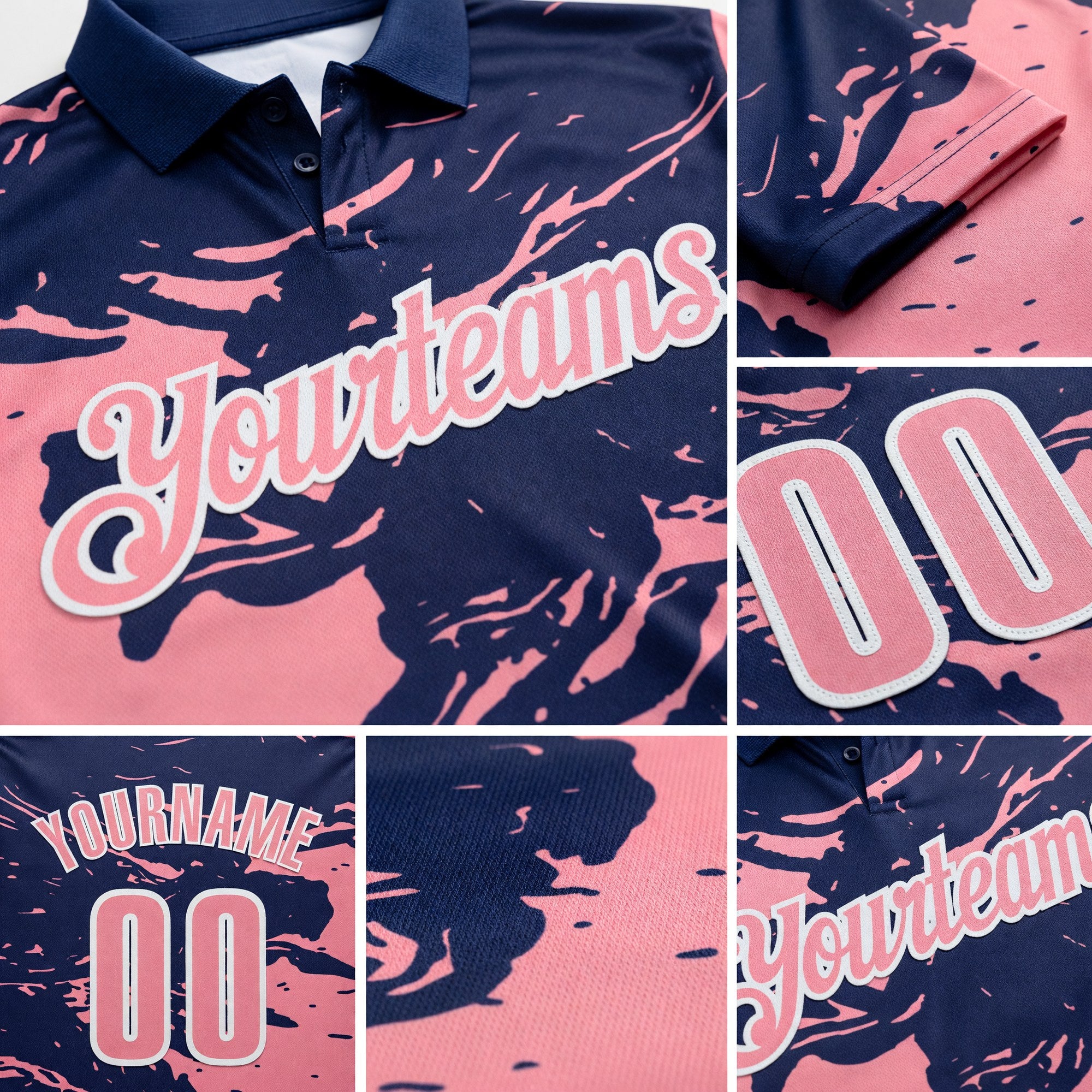 Custom Navy Medium Pink-White Fluid Paint Splash Performance Polo Shirt detail