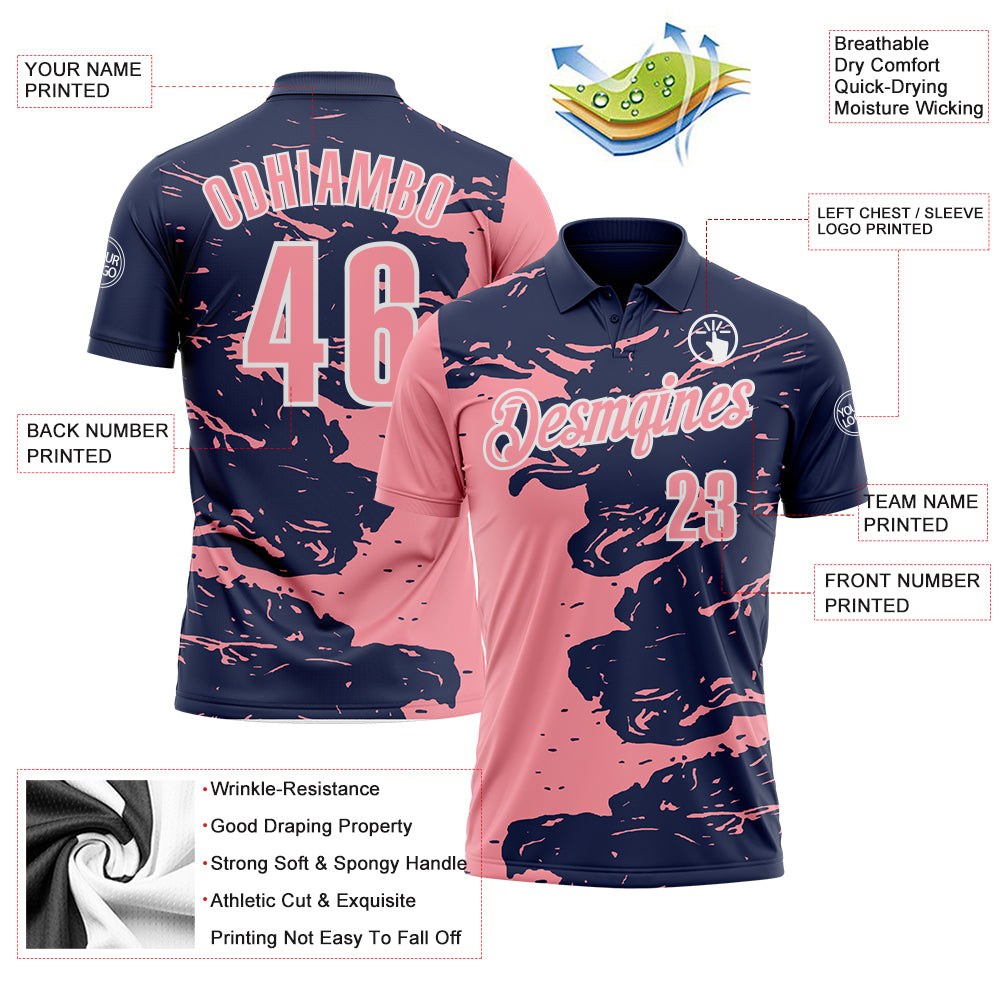 Custom Navy Medium Pink-White Fluid Paint Splash Performance Polo Shirt photo 3