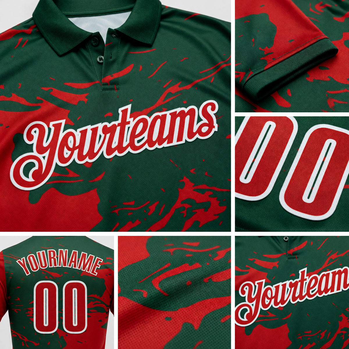 Custom Green Red-White Fluid Paint Splash Performance Polo Shirt detail