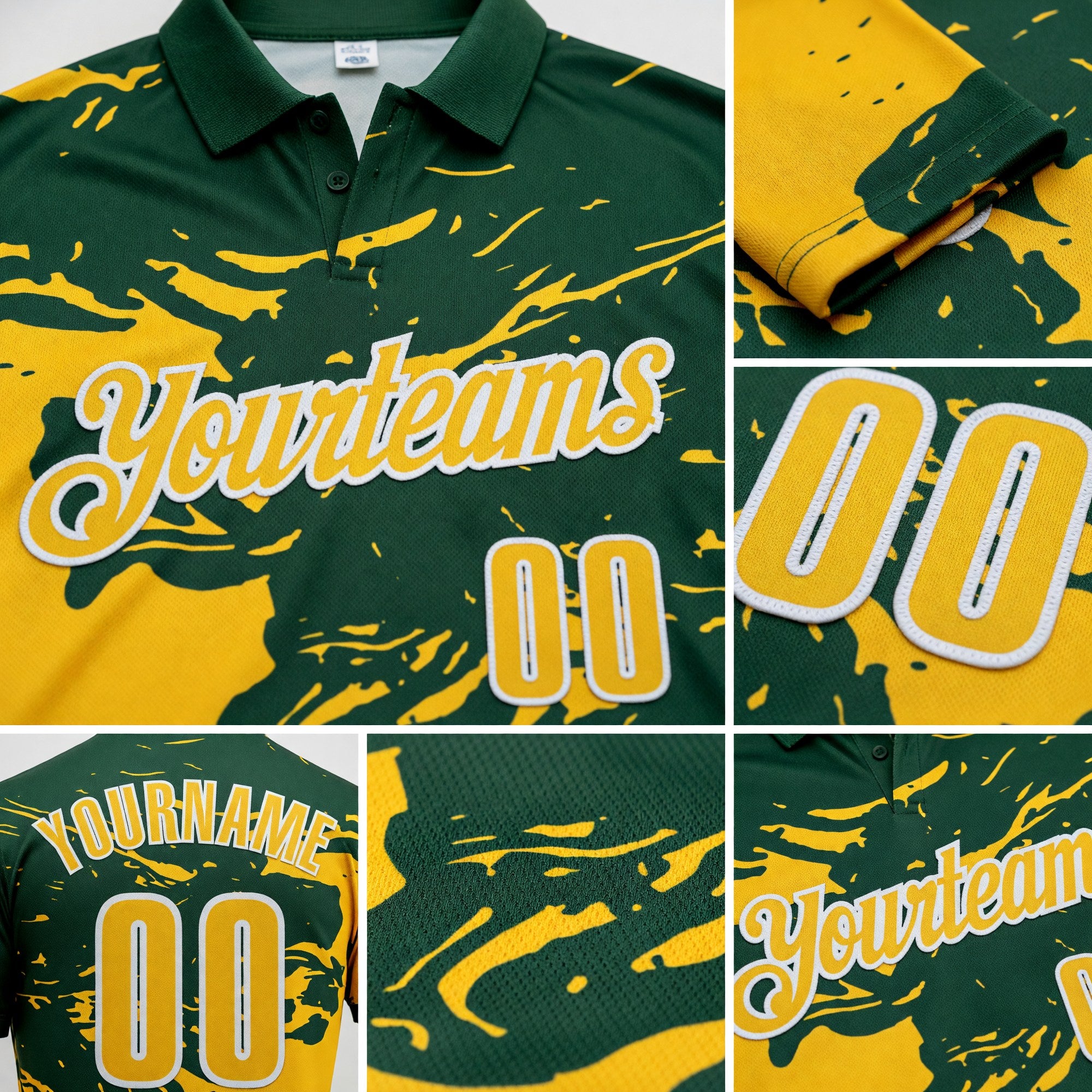 Custom Green Yellow-White Fluid Paint Splash Performance Polo Shirt detail