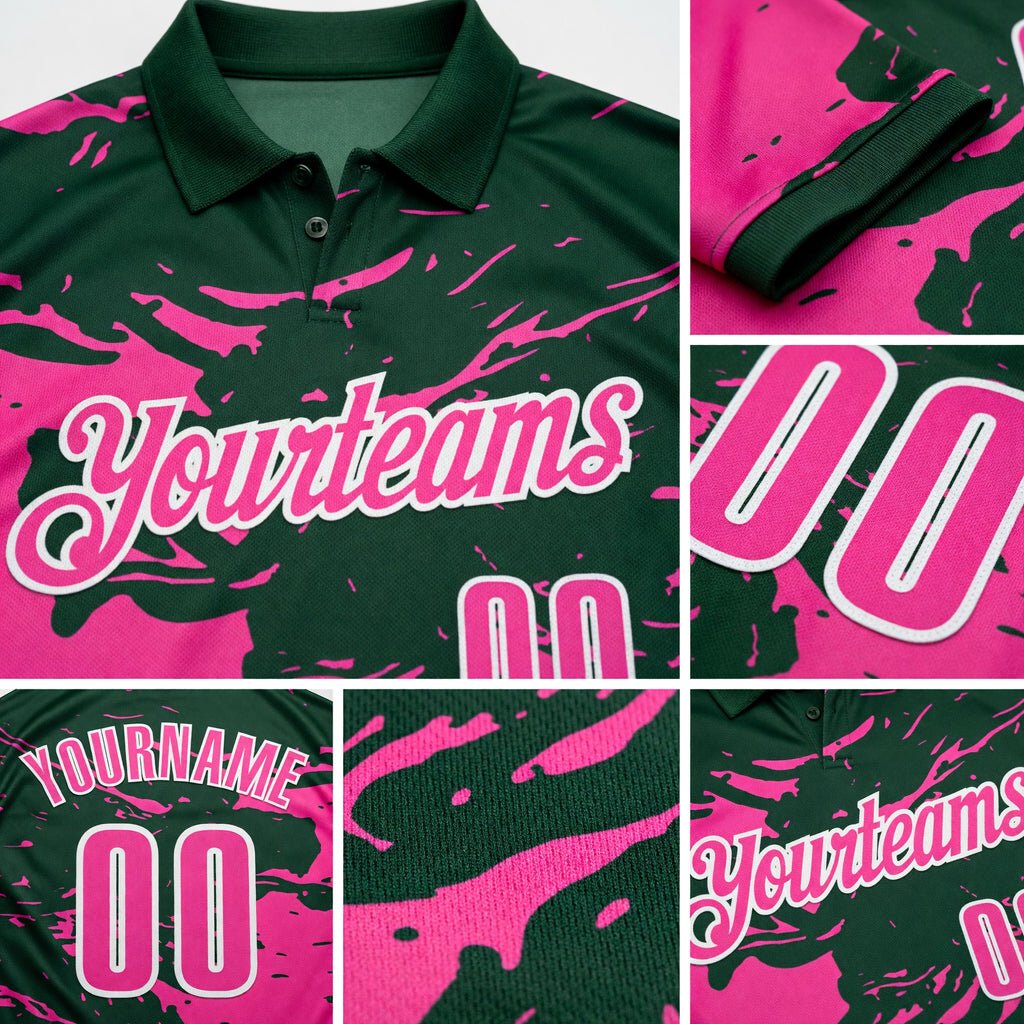 Custom Green Pink-White Fluid Paint Splash Performance Polo Shirt detail