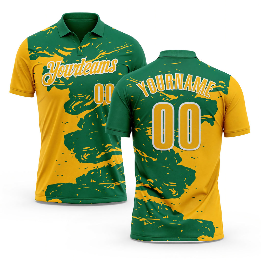 Custom Kelly Green Gold-White Fluid Paint Splash Performance Polo Shirt