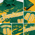 Custom Kelly Green Gold-White Fluid Paint Splash Performance Polo Shirt detail