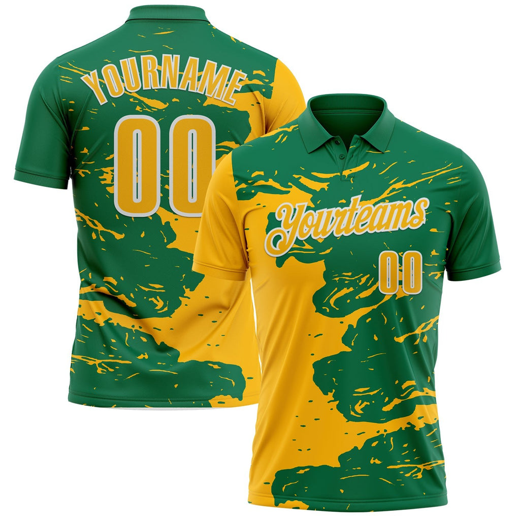 Custom Kelly Green Gold-White Fluid Paint Splash Performance Polo Shirt photo 1