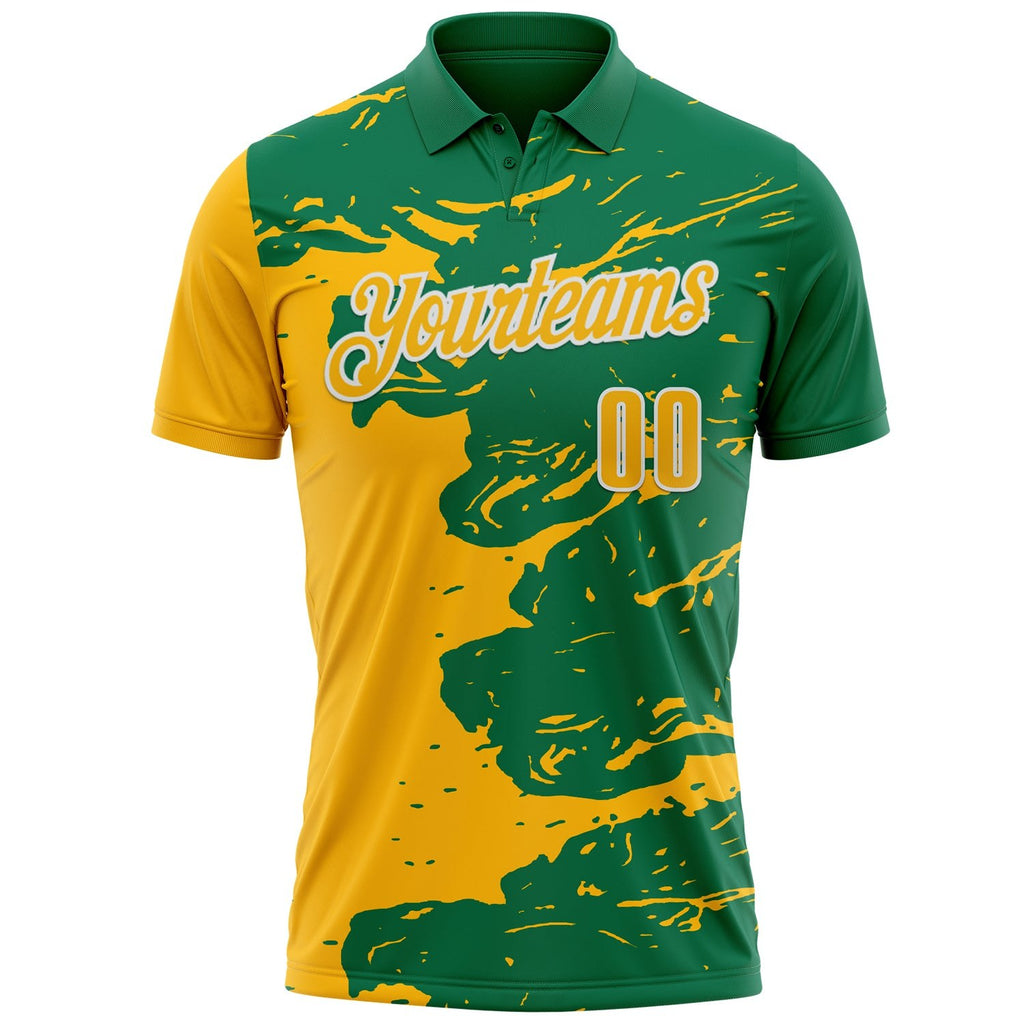 Custom Kelly Green Gold-White Fluid Paint Splash Performance Polo Shirt photo 2