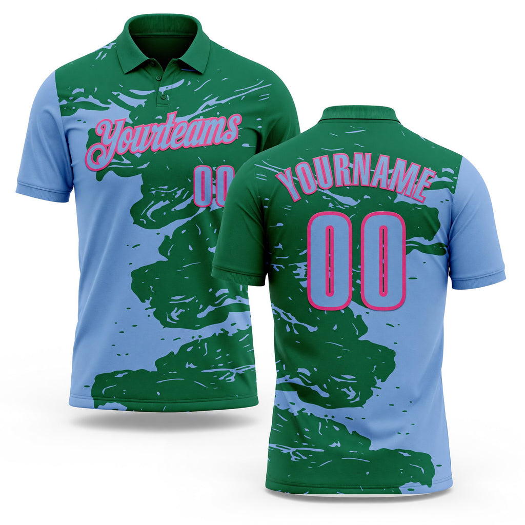Custom Kelly Green Light Blue-Pink Fluid Paint Splash Performance Polo Shirt