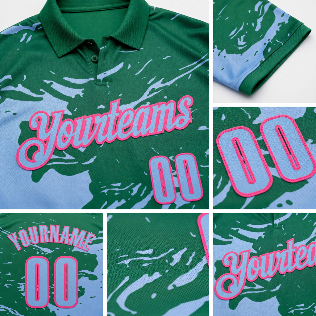 Custom Kelly Green Light Blue-Pink Fluid Paint Splash Performance Polo Shirt detail
