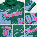 Custom Kelly Green Light Blue-Pink Fluid Paint Splash Performance Polo Shirt detail