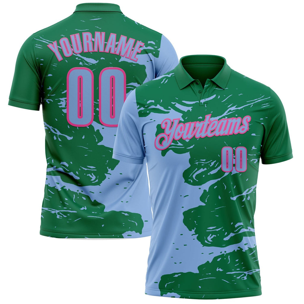 Custom Kelly Green Light Blue-Pink Fluid Paint Splash Performance Polo Shirt photo 1