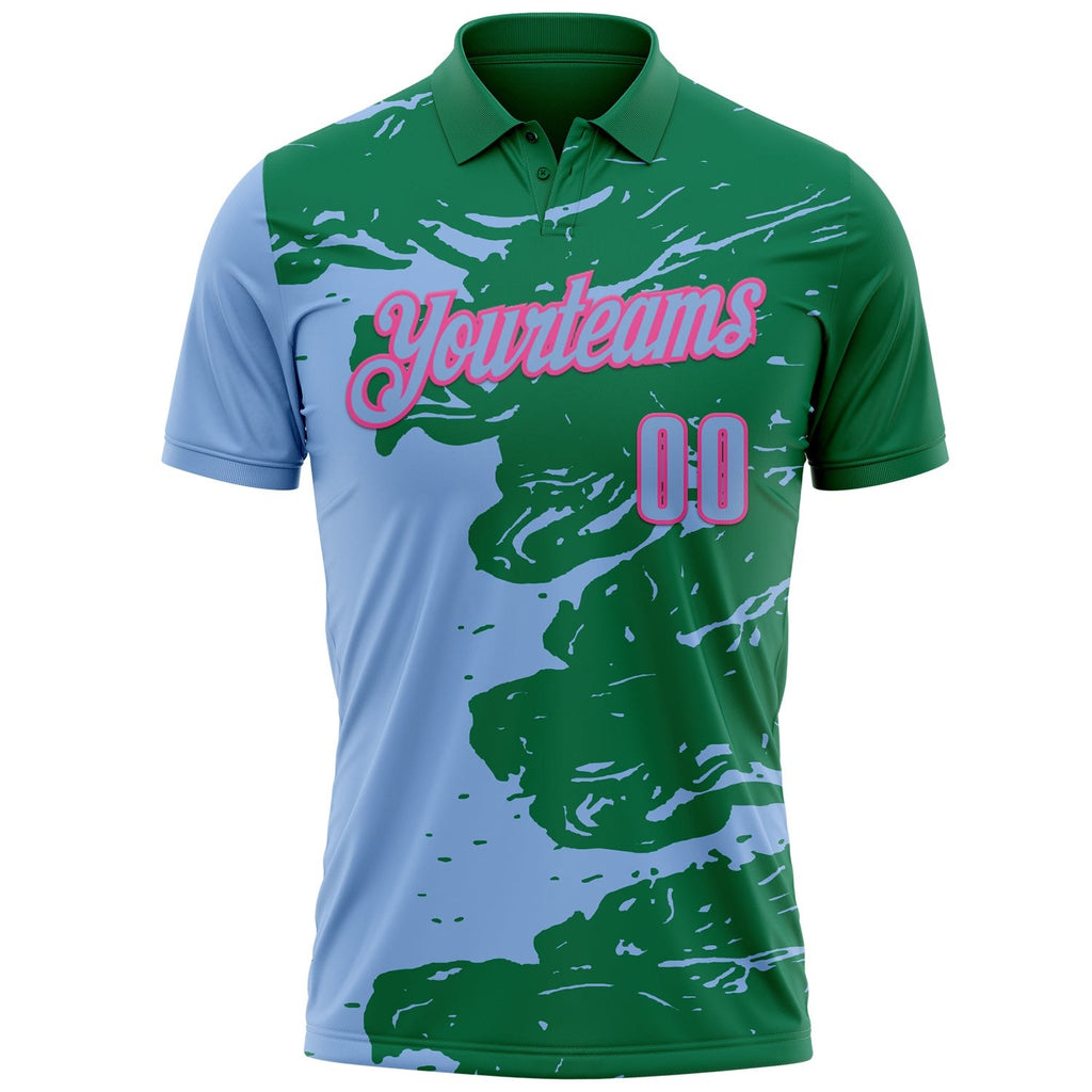 Custom Kelly Green Light Blue-Pink Fluid Paint Splash Performance Polo Shirt photo 2