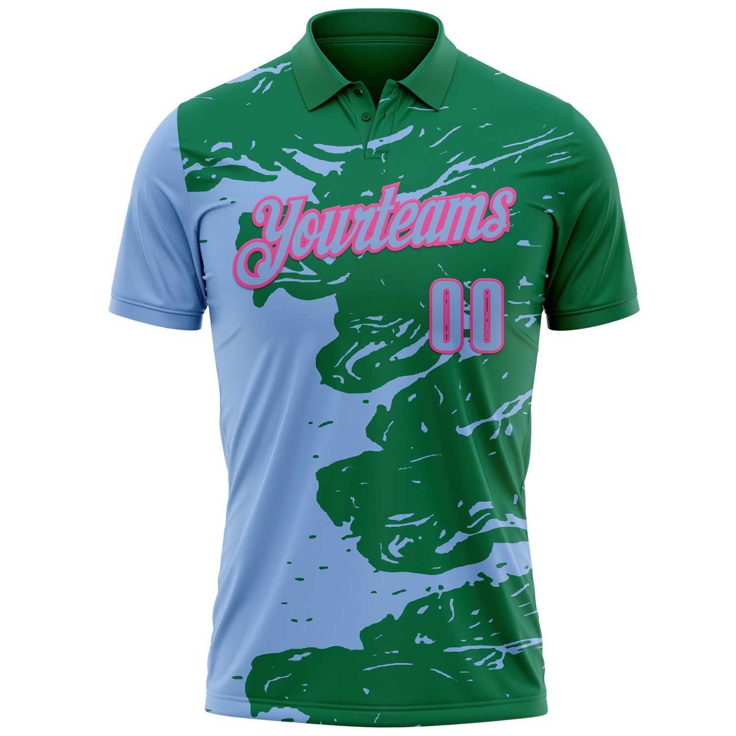 Custom Kelly Green Light Blue-Pink Fluid Paint Splash Performance Polo Shirt photo 2