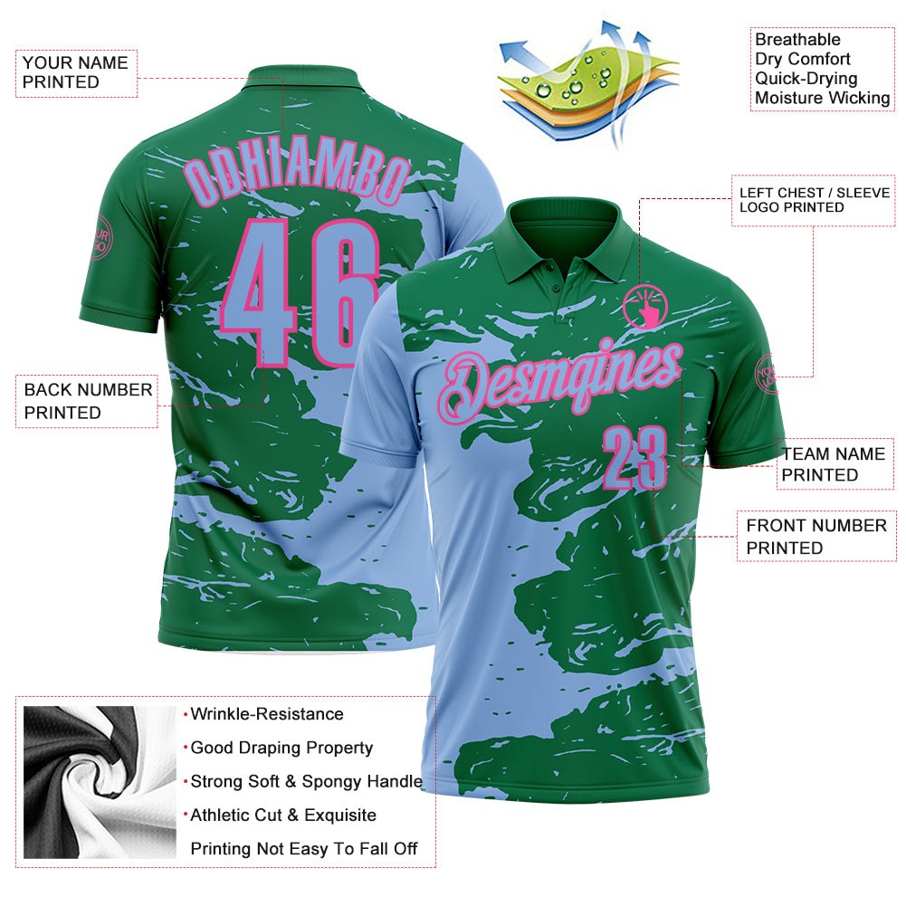 Custom Kelly Green Light Blue-Pink Fluid Paint Splash Performance Polo Shirt photo 3