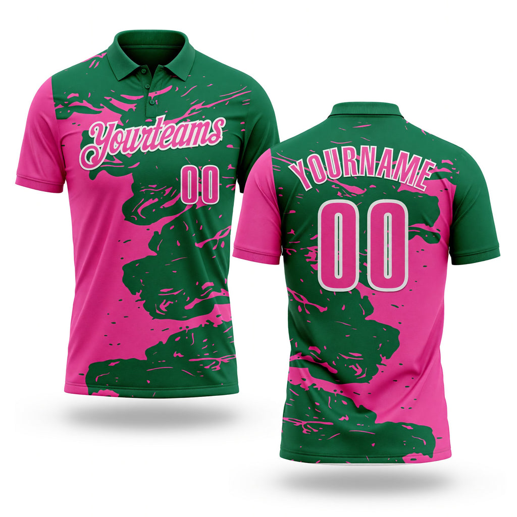 Custom Kelly Green Pink-White Fluid Paint Splash Performance Polo Shirt