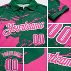 Custom Kelly Green Pink-White Fluid Paint Splash Performance Polo Shirt detail