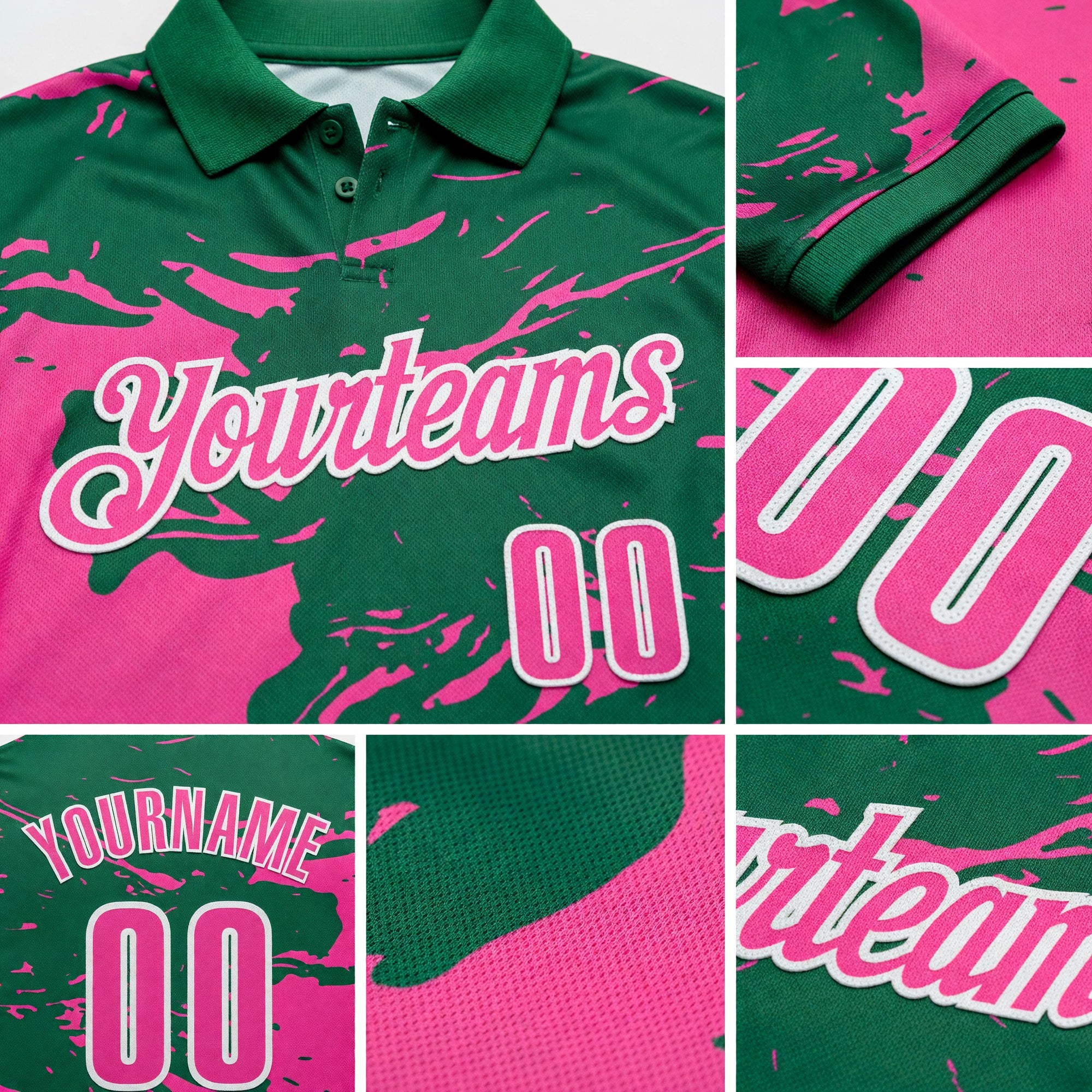 Custom Kelly Green Pink-White Fluid Paint Splash Performance Polo Shirt detail
