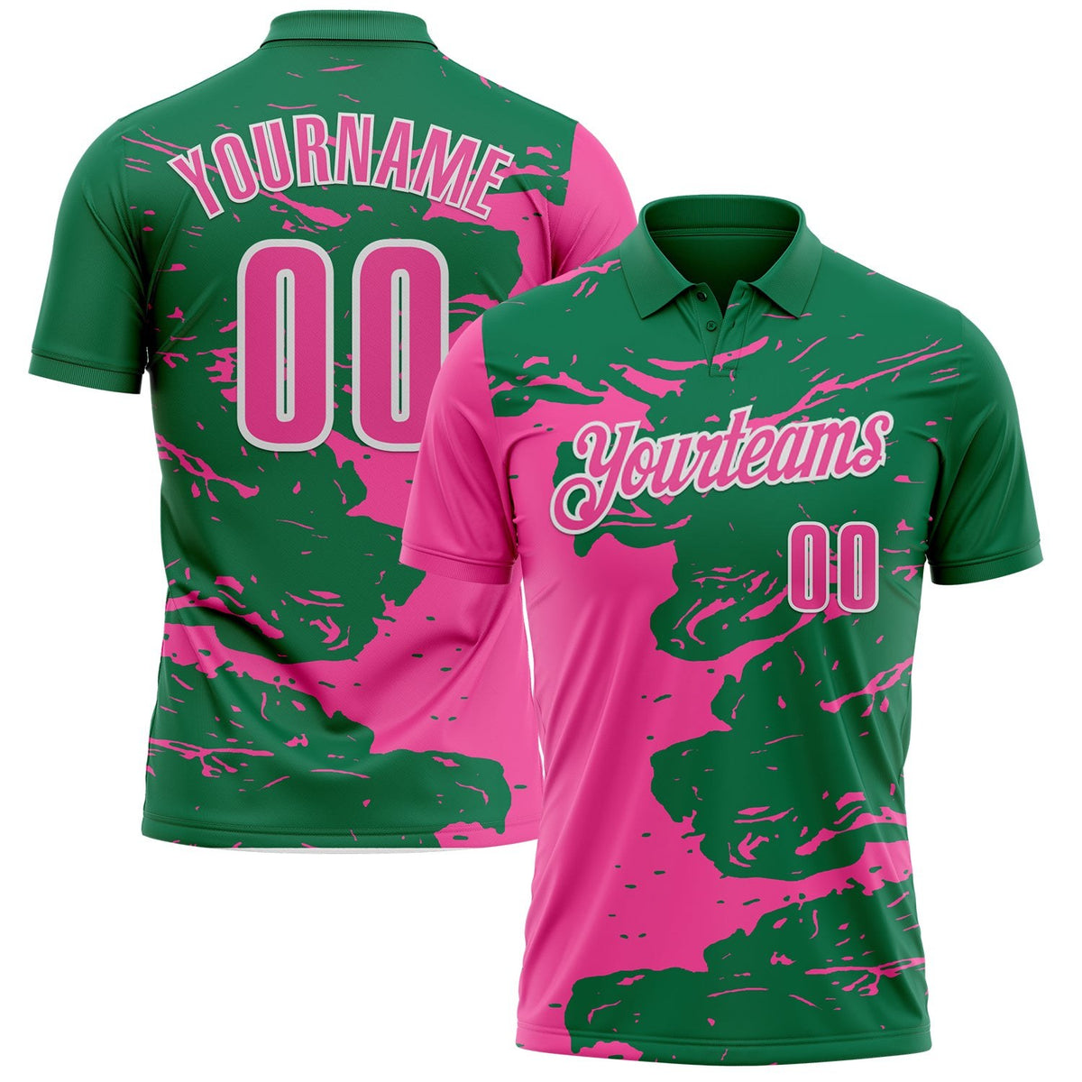 Custom Kelly Green Pink-White Fluid Paint Splash Performance Polo Shirt photo 1