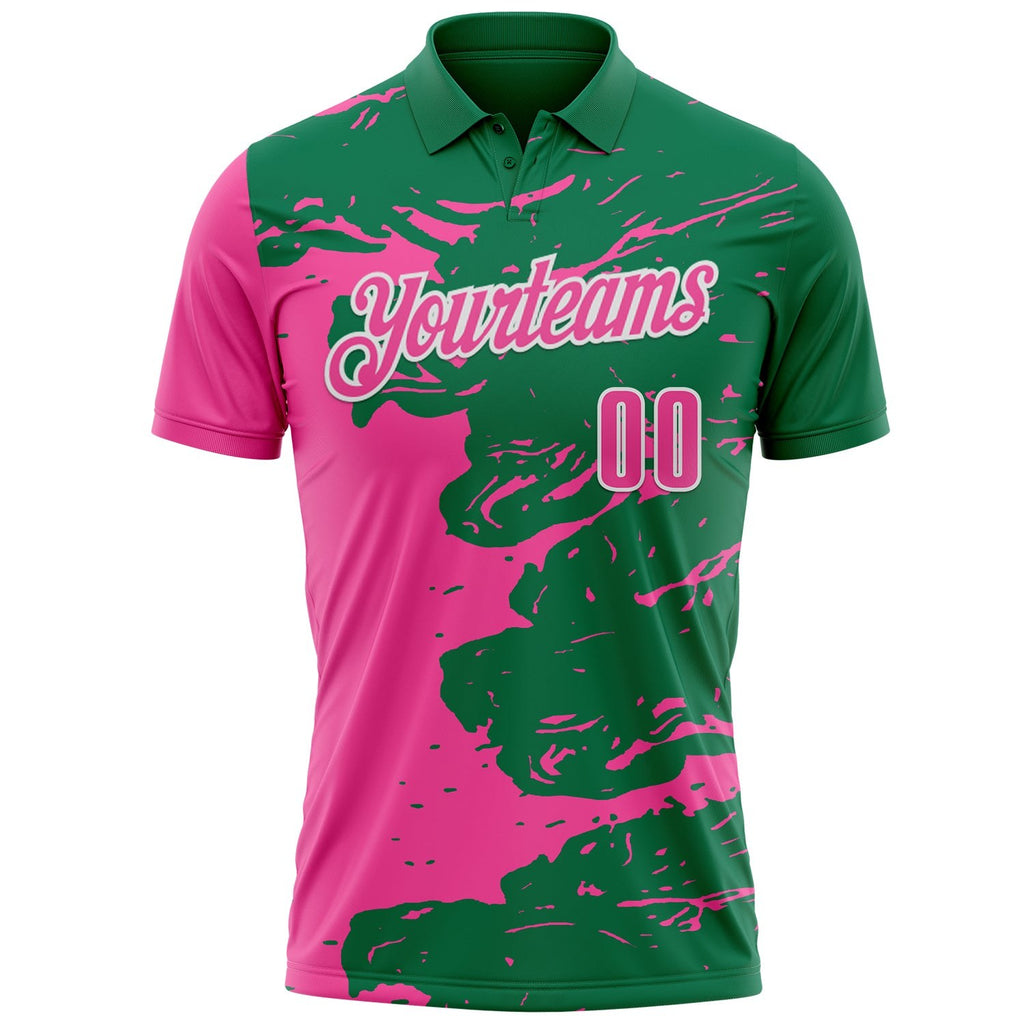 Custom Kelly Green Pink-White Fluid Paint Splash Performance Polo Shirt photo 2