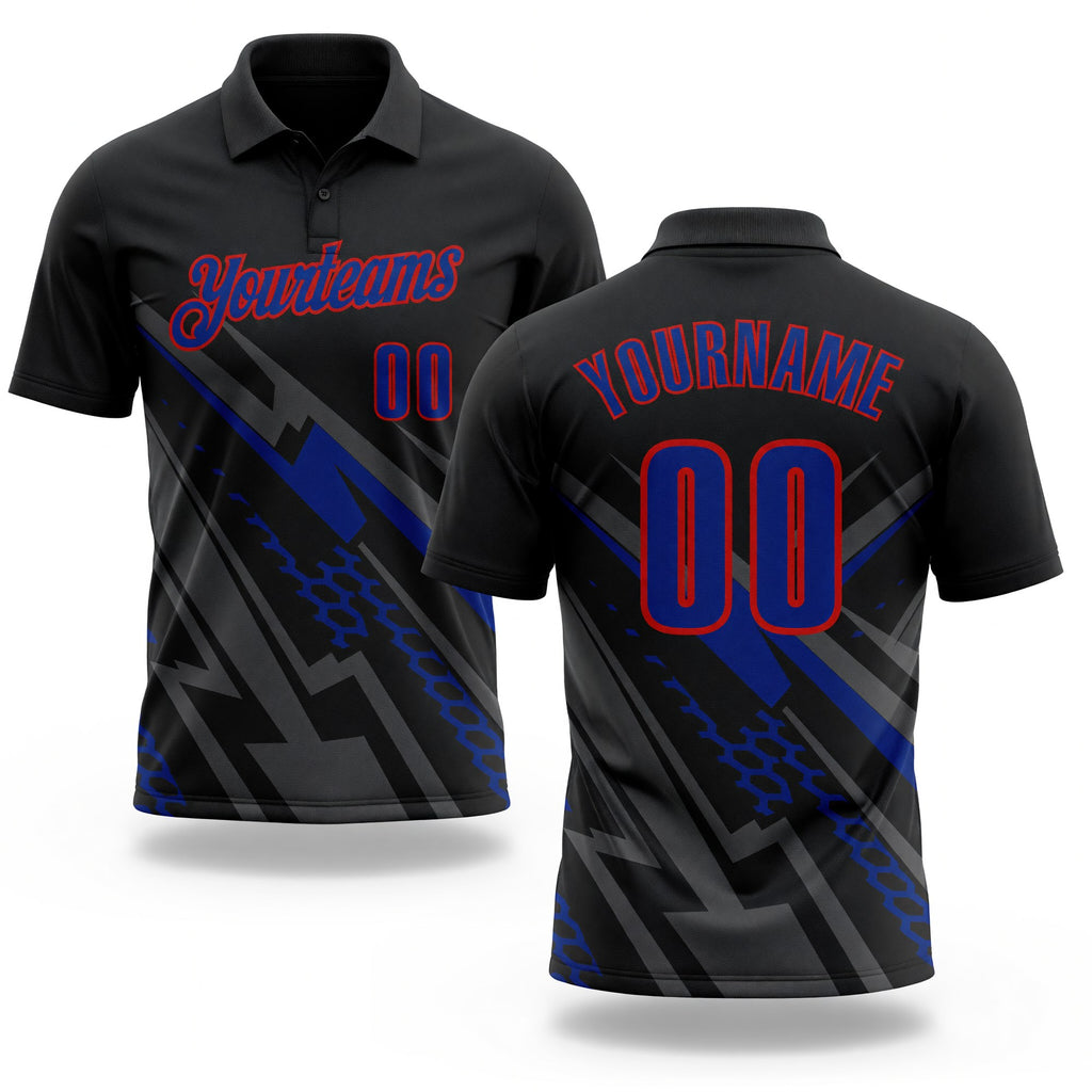 Custom Black Royal Gray-Red Lightning Geometric Performance Polo Shirt