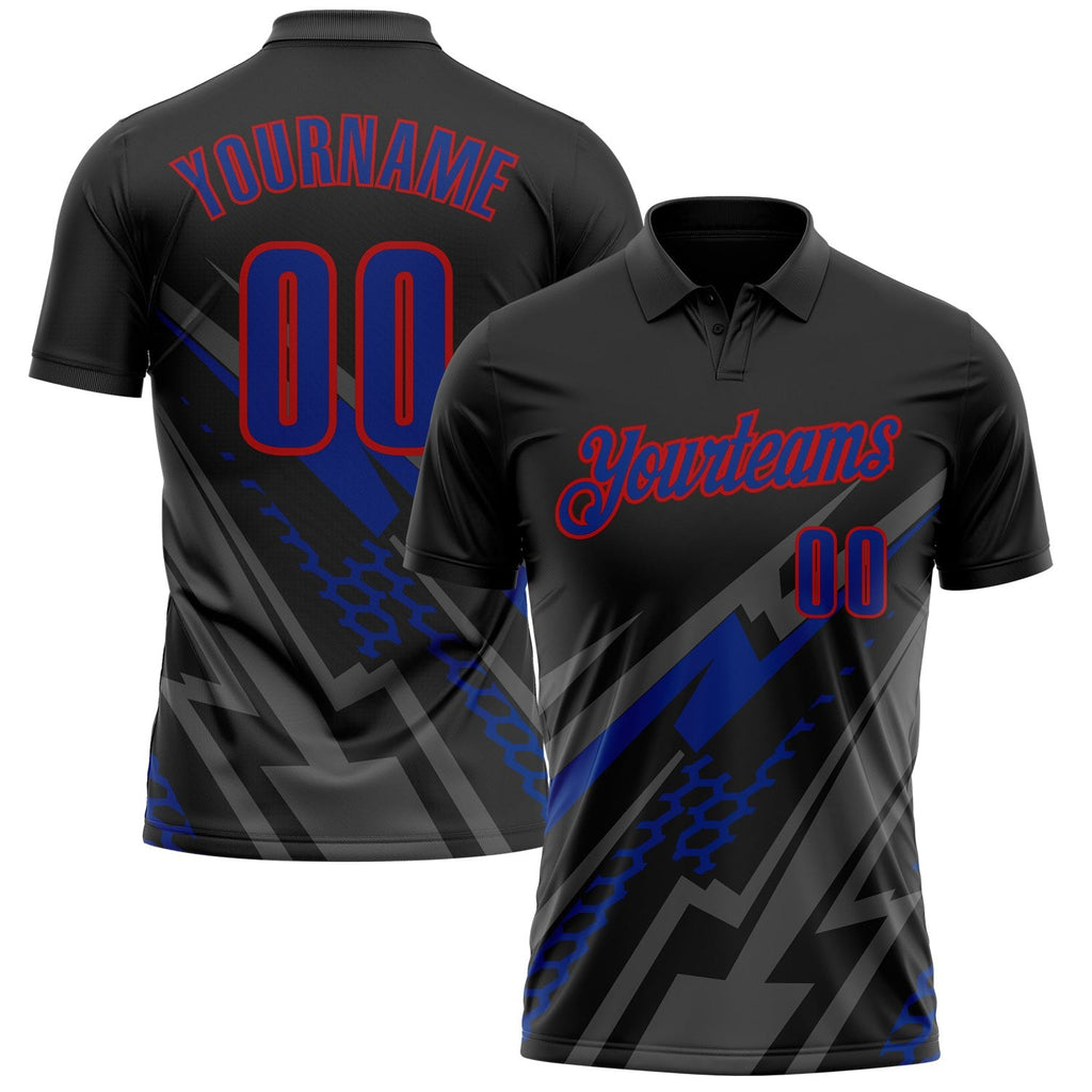 Custom Black Royal Gray-Red Lightning Geometric Performance Polo Shirt photo 1