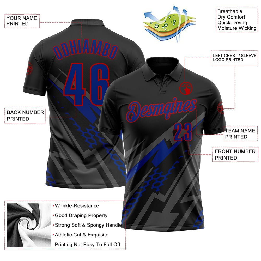 Custom Black Royal Gray-Red Lightning Geometric Performance Polo Shirt photo 3