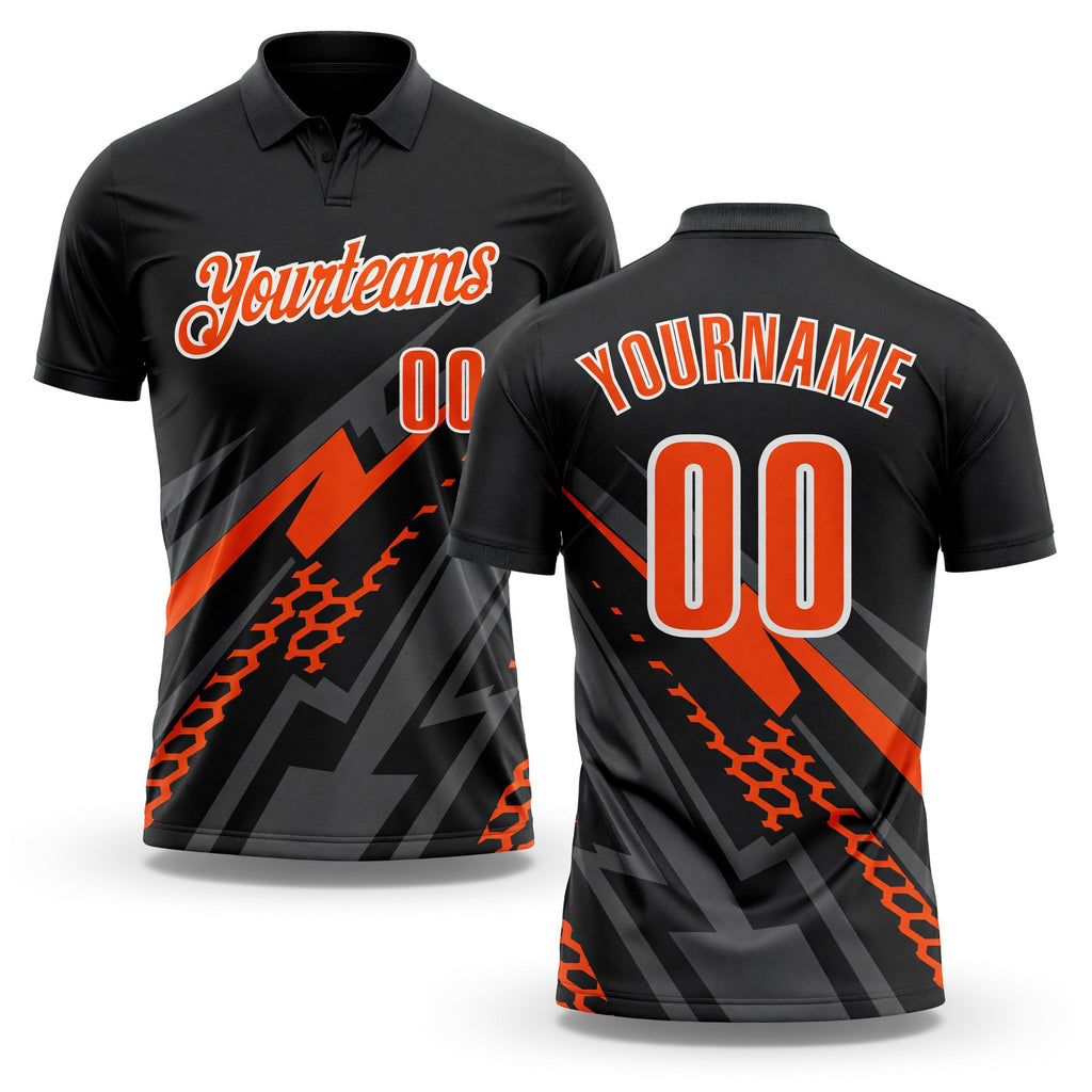 Custom Black Orange Gray-White Lightning Geometric Performance Polo Shirt