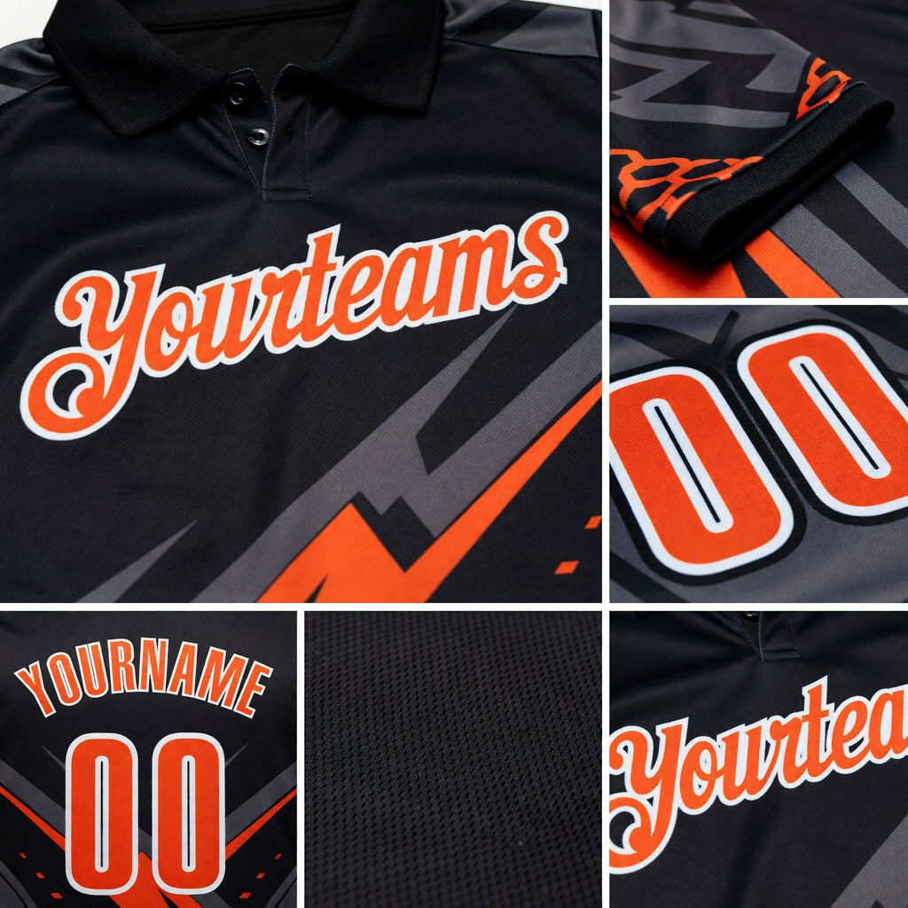 Custom Black Orange Gray-White Lightning Geometric Performance Polo Shirt detail