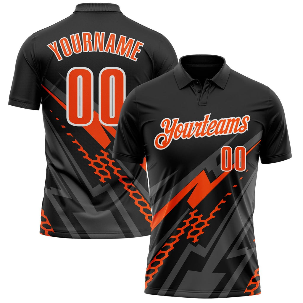 Custom Black Orange Gray-White Lightning Geometric Performance Polo Shirt photo 1