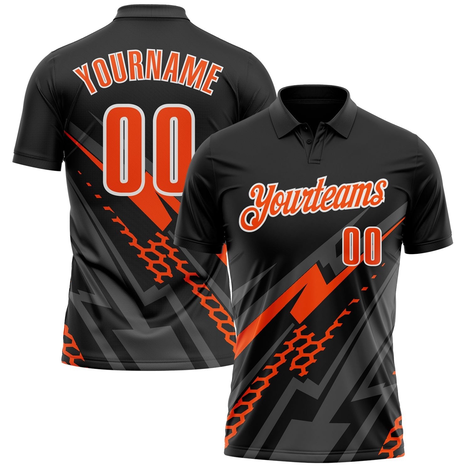 Custom Black Orange Gray-White Lightning Geometric Performance Polo Shirt photo 1
