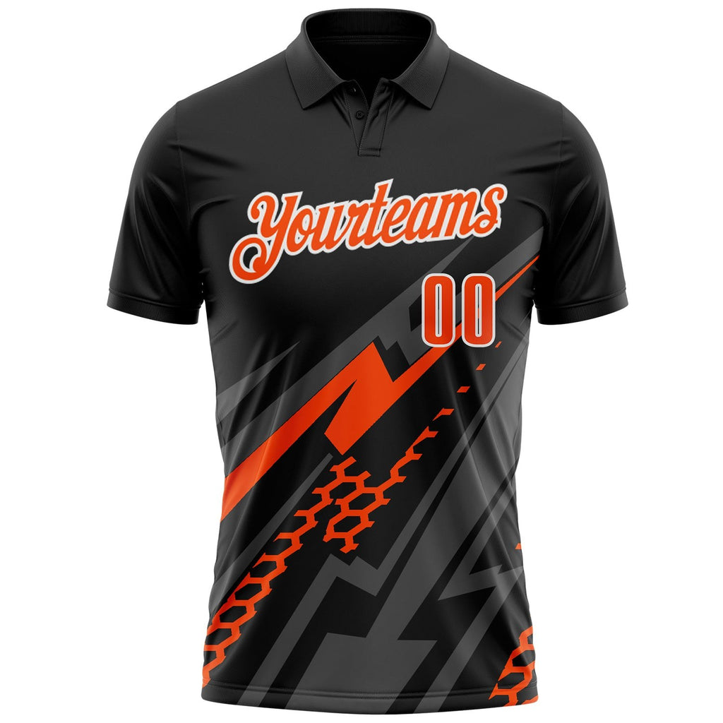 Custom Black Orange Gray-White Lightning Geometric Performance Polo Shirt photo 2