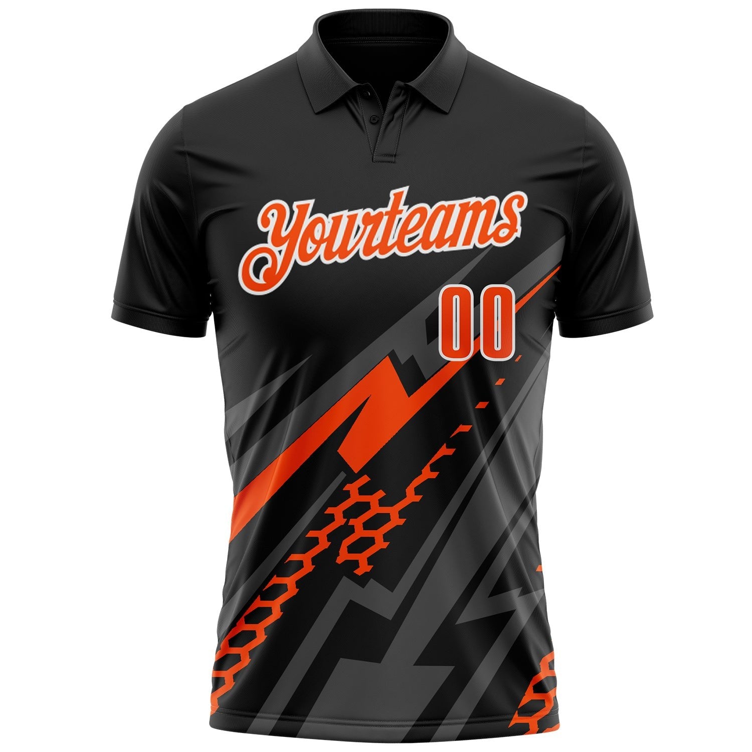Custom Black Orange Gray-White Lightning Geometric Performance Polo Shirt photo 2