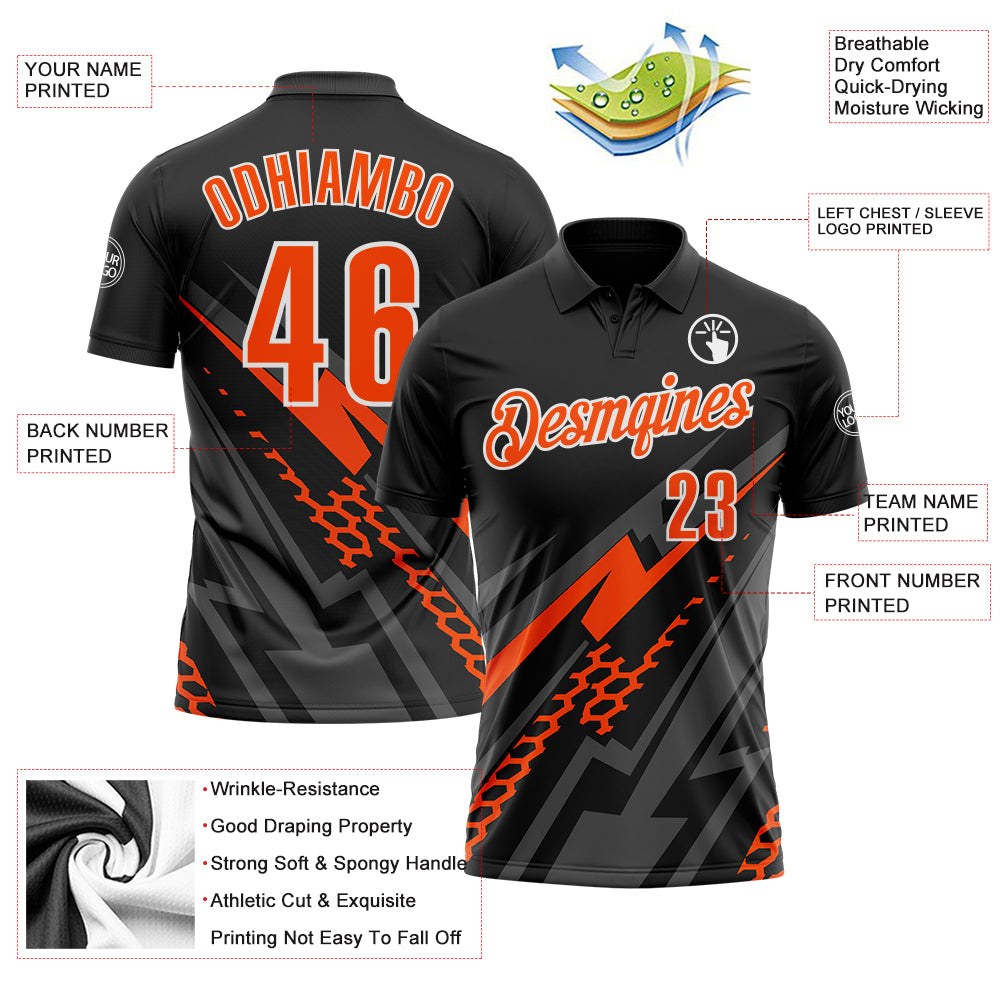 Custom Black Orange Gray-White Lightning Geometric Performance Polo Shirt photo 3