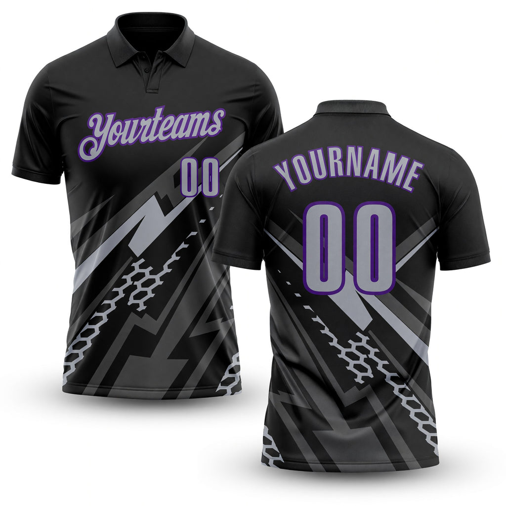 Custom Black Gray-Purple Lightning Geometric Performance Polo Shirt
